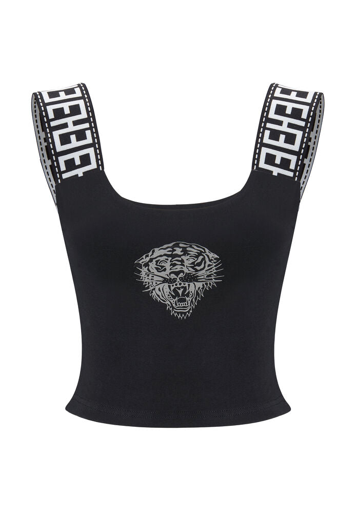 Ed Hardy Tiger Glow Tape Crop Tank Top Black